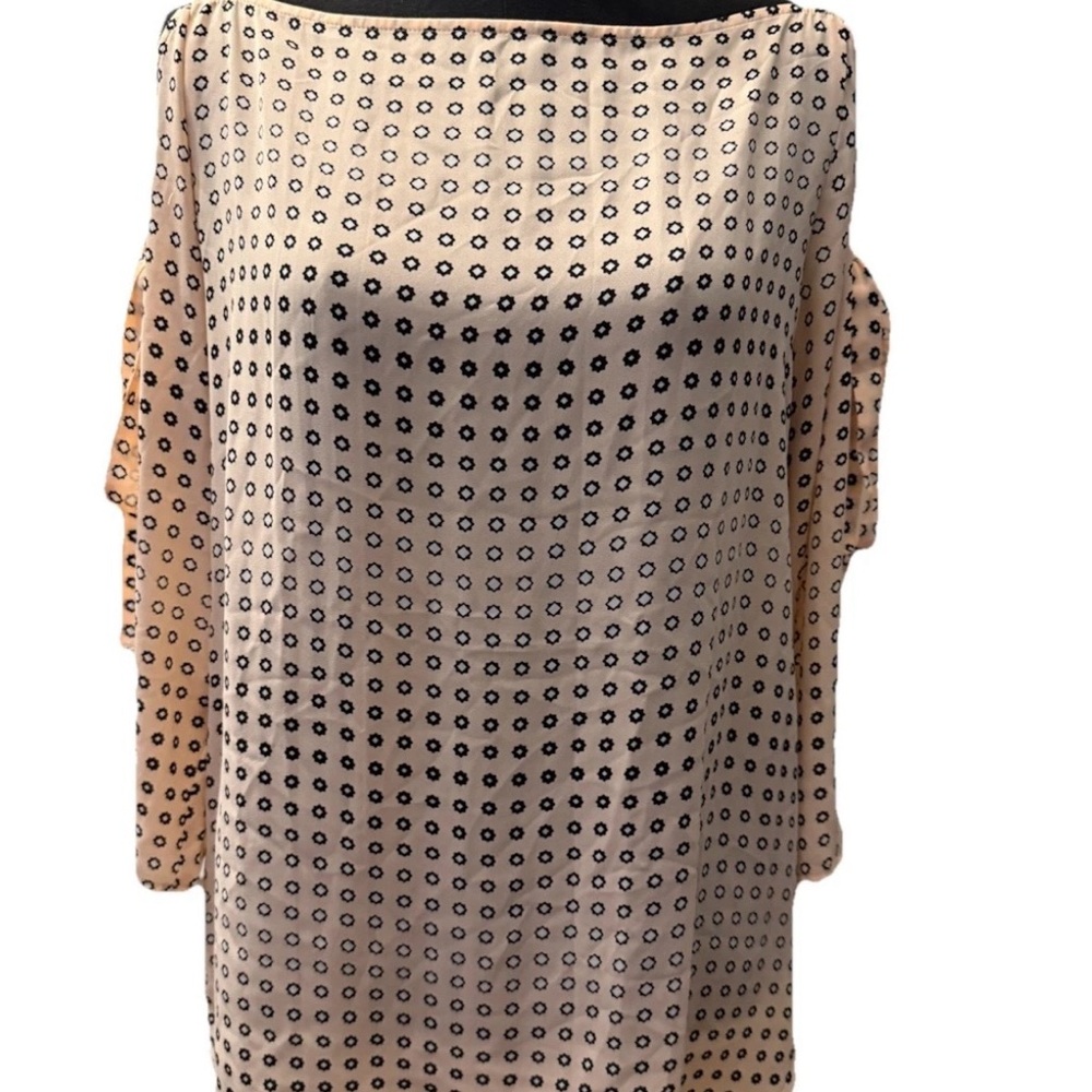 Loft Women's Long Sleeve Tie Cold Shoulder Pink & Black Printed Blouse, M, NWT